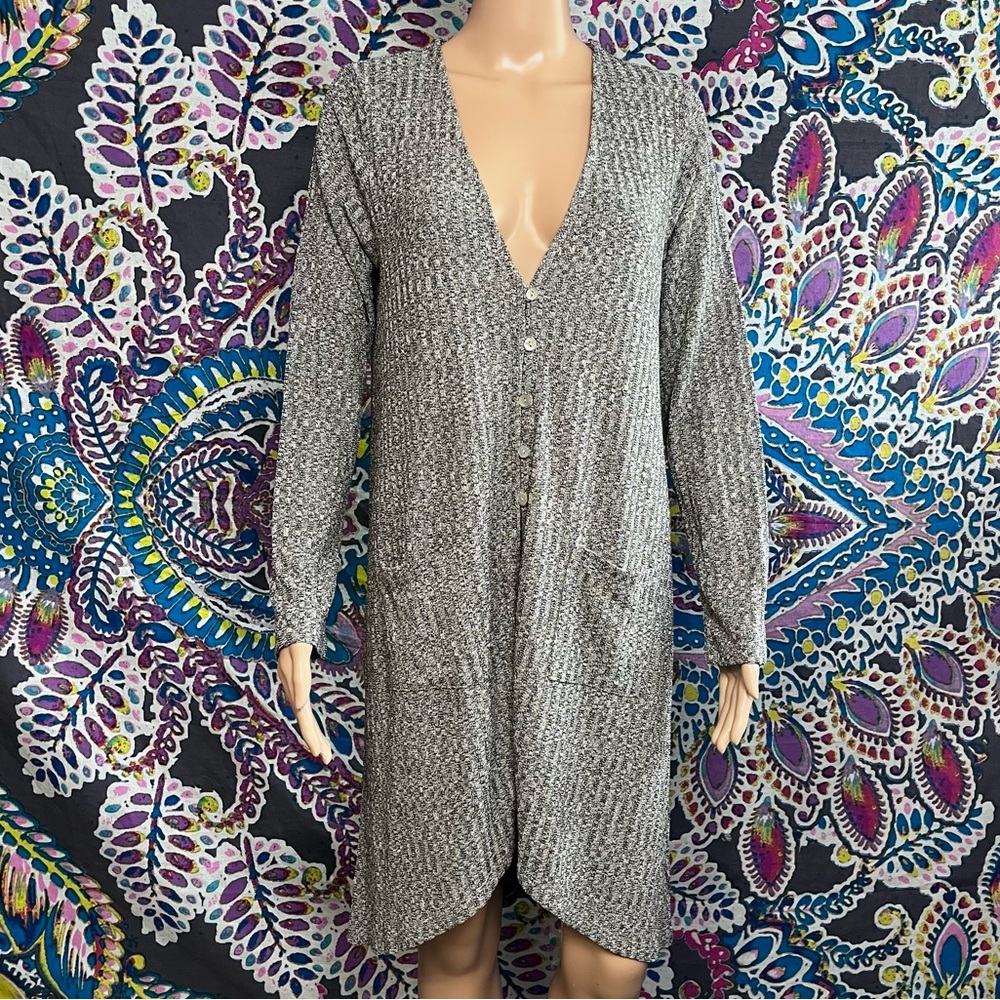 BOBEAU Heather Gray Lightweight Rib Knit Button Up Duster Cardigan Large